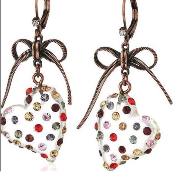 Crystal studded lucite Heart with Copper Bow Dangle Earrings NEW - Picture 3 of 4